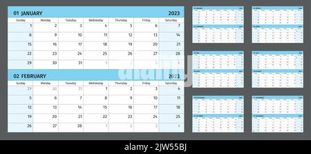 Horizontaler Kalender für 2023 Jahre, 2 Monate auf 1 Seite. Einfaches Kalenderraster auf weißem Hintergrund isoliert, Sonntag bis Montag, Geschäftsvorlage, lesen Stock Vektor