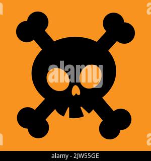 Schwarzer Cartoon-Symbol Totenkopf und Kreuzknochen auf orangefarbenem Hintergrund isoliert. Stock Vektor
