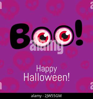 Boo. Halloween Banner Hintergrund mit roten Augen auf lila Hintergrund. Schriftzug, Poster, Kartendesign-Konzept. Vektorgrafik Stock Vektor
