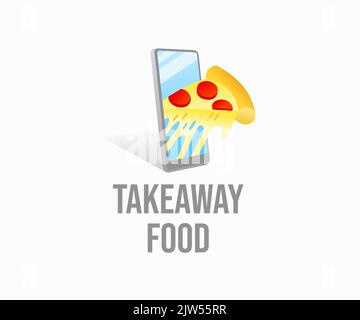 Online-Bestellung von Lebensmitteln, zum Mitnehmen und zur Lieferung von Lebensmitteln, Logo-Design. Smartphone und Stück Pizza, Mahlzeit, Food und Fast Food, Vektordesign und Illustration Stock Vektor