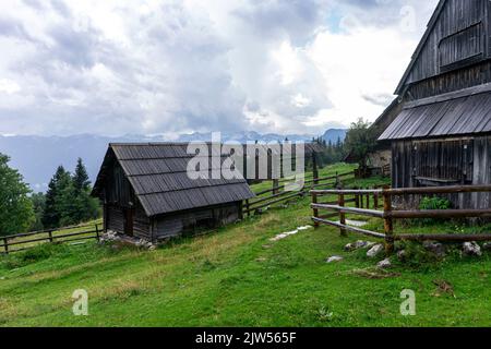 Seit Jahrhunderten sind Hirtenhütten jeden Sommer im Einsatz. Ein paar Monate bleiben der Hirte und das Vieh auf den Bohinjer Hochebenen. Stockfoto