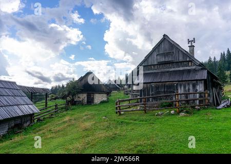 Seit Jahrhunderten sind Hirtenhütten jeden Sommer im Einsatz. Ein paar Monate bleiben der Hirte und das Vieh auf den Bohinjer Hochebenen. Stockfoto