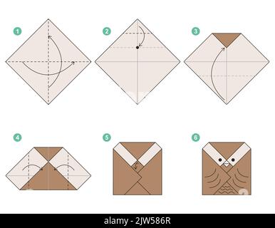 Origami-Tutorial. Origami-Schema für Kinder. Eule Stock Vektor