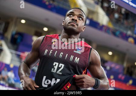 Retin Obasohan aus Belgien, abgebildet während des Spiels zwischen Montenegro und den belgischen Löwen, Spiel zwei von fünf in der Gruppe A beim EuroBasket 2022, Samstag, 03. September 2022, in der Tbilisi Arena, in Tiflis, Georgien. Die Basketball-Europameisterschaft findet vom 1. Bis 18. September statt. BELGA FOTO NIKOLA KRSTIC Stockfoto