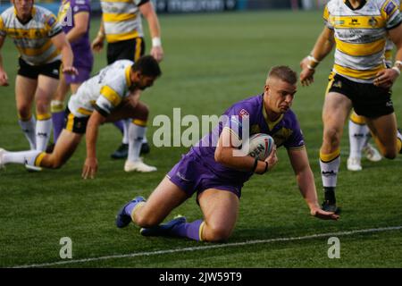 Newcastle, Großbritannien. 29. August 2022. Nathan Wilde von Newcastle Thunder punktet beim WETTSPIEL DER BETFRED Championship zwischen Newcastle Thunder und York City Knights im Kingston Park, Newcastle, am Samstag, dem 3.. September 2022. (Kredit: Chris Lishman | MI News) Kredit: MI Nachrichten & Sport /Alamy Live News Stockfoto