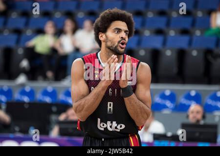 Jean-Marc Mwema aus Belgien, aufgenommen während des Spiels zwischen Montenegro und den belgischen Löwen, Spiel zwei von fünf in der Gruppe A beim EuroBasket 2022, Samstag, 03. September 2022, in der Tbilisi Arena, in Tiflis, Georgien. Die Basketball-Europameisterschaft findet vom 1. Bis 18. September statt. BELGA FOTO NIKOLA KRSTIC Stockfoto