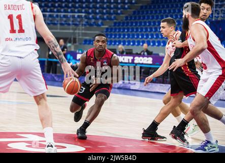 Retin Obasohan aus Belgien, abgebildet während des Spiels zwischen Montenegro und den belgischen Löwen, Spiel zwei von fünf in der Gruppe A beim EuroBasket 2022, Samstag, 03. September 2022, in der Tbilisi Arena, in Tiflis, Georgien. Die Basketball-Europameisterschaft findet vom 1. Bis 18. September statt. BELGA FOTO NIKOLA KRSTIC Stockfoto