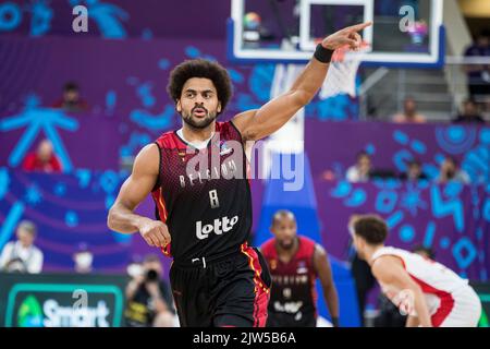 Jean-Marc Mwema aus Belgien, aufgenommen während des Spiels zwischen Montenegro und den belgischen Löwen, Spiel zwei von fünf in der Gruppe A beim EuroBasket 2022, Samstag, 03. September 2022, in der Tbilisi Arena, in Tiflis, Georgien. Die Basketball-Europameisterschaft findet vom 1. Bis 18. September statt. BELGA FOTO NIKOLA KRSTIC Stockfoto