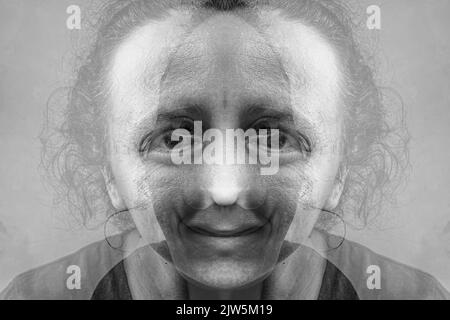 Schwarz weiße Frau Gesicht Persönlichkeitsstörung, Schizophrenie bipolar. Stockfoto