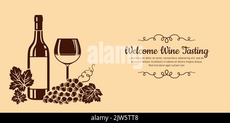 Banner willkommen Weinprobe. Vintage Werbung Poster Vorlage Karte Weinglas, Flasche und Trauben. Retro-Design Weinherstellung Alkohol Bar Handwerk, monochromer Hintergrund. Restaurantmenü Einladungsfeier Stock Vektor