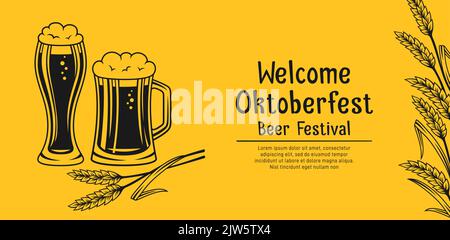 Willkommensbanner Bierfest Oktoberfest. Vintage Werbung Poster Vorlage Karte Glas Tasse und Weizenohr. Retro-Design Alkohol Bar Handwerk Hintergrund, Brauerei Restaurant-Menü, Einladung Party Stock Vektor