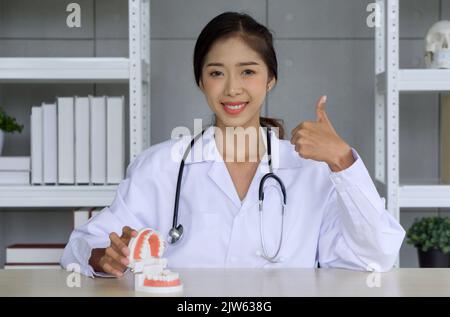 Junger asiatischer Zahnarzt in weißem Kleid und Stethoskop lächelnd, heben Sie den Daumen nach oben, während Sie Zahnmodell auf einem Holztisch zeigen. Gesundheitswesen und Medizin Co Stockfoto