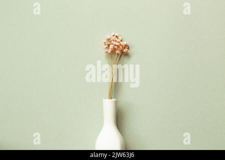 Vase aus rosafarbenen trockenen Blumen auf grünem Hintergrund. Draufsicht, Kopierraum Stockfoto