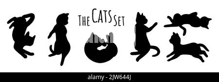 Katzenposen Doodle Set. Katzen Silhouetten in verschiedenen Posen. Niedliche Vektorgrafik Stock Vektor