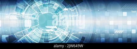 Abstraktes blaues Tech Industrial Web Header-Banner. Vektor geometrisches Hintergrunddesign mit HUD-Getriebe, Leiterplatte und Quadraten. Futuristische Illustration Stock Vektor
