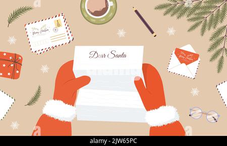 Santa claus Hände halten kindlichen Brief. Weihnachtskarte mit Glückwünschen und Wunschliste empfangen. Draufsicht. Vektorgrafik in flacher Form Stock Vektor