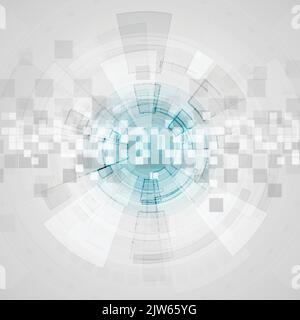 Abstrakter grauer futuristischer Technologiehintergrund mit HUD-Getriebeelementen und -Quadraten. Vektorgrafik Stock Vektor