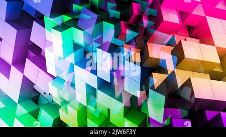 Geometrische bunte abstrakte 3D Hintergrund von Regenbogenquadraten und Würfel. Wissenschaft, Design, Spiel, Technologie, Lifestyle-Konzept. Hochwertige 3D-Illustration Stockfoto