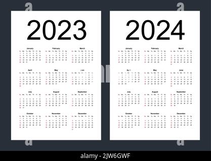 Einfache editierbare Vektorkalender für das Jahr 2023, 2024. Die Woche beginnt ab Sonntag. Vertikal. Isolierte Vektorgrafik auf weißem Hintergrund. Stock Vektor