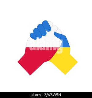 Partner-Handschlag mit Flaggen der Ukraine und Polens. Unterstützung, Hilfe, Freundschaft und Partnerschaft zwischen den Ländern, Symbol der Einheit der Amerikaner und Ukrainer flache Vektor-Illustration Stock Vektor