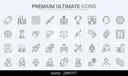 Game-Technologie für Computer und Mobiltelefon Thin-Line-Symbole setzen Vektor-Illustration. Skizzieren Sie Sammlung mit Virtual Reality, Arcade und Sport, Bildung und Strategie Desktop-Videospiel zu spielen Stock Vektor