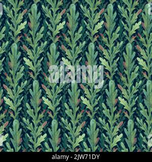 Grüne Blätter mit rosa Rändern. Blätter von Pflanzen in Form von Weihnachtsbäumen. Aquarell-botanisches Nahtloses Muster auf dunklem Hintergrund. Stockfoto