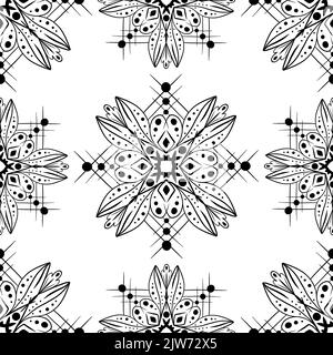 Schwarz-weiß nahtloses Mandala-Muster. Rasterhand-Illustration. Zum Drucken von Malbüchern, Postkarten, Drucken, Textilien. Stockfoto