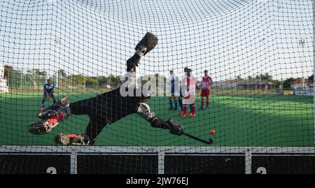 Rückansicht eines kaukasischen männlichen Hockey-Torwarts Stockfoto