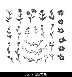 Blumen und Zweige Silhouette Vektor-Set. Handgezeichnete Blumendekorationen. Symbol „Blume schwarz“. Stock Vektor