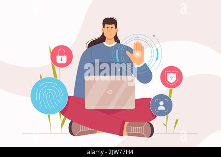 ID-Verifizierung, Identifizierung für den Zugriff auf personenbezogene Daten Vektordarstellung. Cartoon-Frau mit Laptop, Mitarbeiter mit Verifizierung mit Gesichts- und Fingerabdruck-Erkennung Stock Vektor
