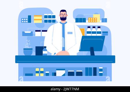 Apothekengeschäft mit Apotheker steht an der Drogerie Zähler Vektor-Illustration. Cartoon Mann verkauft Pillen in modernen medizinischen Shop Interieur mit Medikamenten, Vitaminen und Medikamenten auf Regalen und Computer Stock Vektor