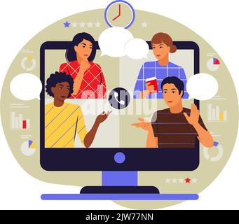 Videokonferenzkonzept. Kollegen auf dem Computerbildschirm sprechen. Vektorgrafik. Flach. Stock Vektor
