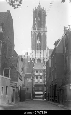 Blick auf den Domturm (Domplein) in Utrecht, vom Buurkerkhof aus. Stockfoto