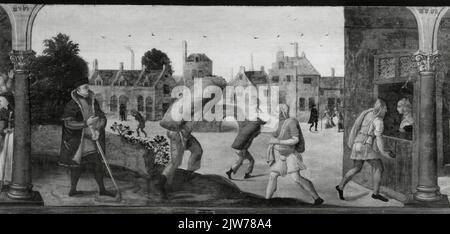 Bild des mittleren Teils der Vorderseite des bemalten Brettes mit den Wohltätigkeitsarbeiten des Heereskänzers St. Jakob, der früher im mittleren Chor der Jacobikerk in Utrecht aufgehängt wurde. Stockfoto