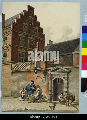 Gezicht op de achteringang van het stadhuis aan de Korte Minrebroederstraat te Utrecht, met de achtergevel van de Stadskelder aan het Oudkerkhof en naast de poort de portierswoning. Stockfoto