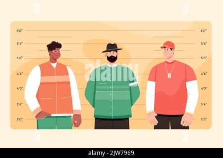 Polizei Aufstellung von Kriminellen und gefangen Verdächtigen mit unterschiedlicher Höhe Vektor Illustration. Cartoon männliche Charaktere stehen in der Reihe in der Nähe des Lineals an der Wand der Polizeistation zur Identifizierung und Verhaftung Stock Vektor