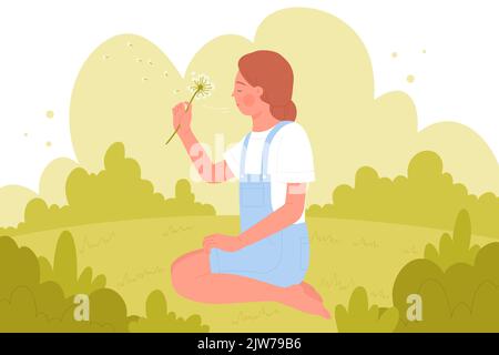 Mädchen weht Dandelion Vektor Illustration. Cartoon niedliche weibliche Figur sitzt auf Frühlingsgrün Gras mit Blume in den Händen, Dandelion Samen fliegen im Wind. Aspirationen, Phantasie, Schönheitskonzept Stock Vektor