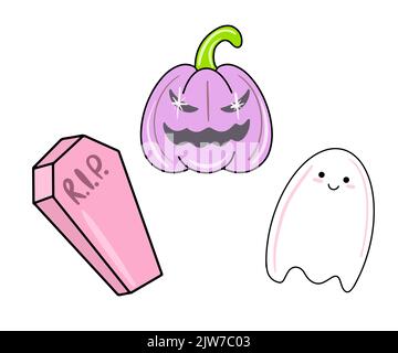 Vektor Niedliches Set von halloween-Ikonen im flachen Stil. Rosafarbener Sarg, Geist, gruseliger purpurner Kürbis. Stock Vektor