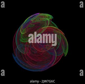 Rote und blaue Fraktalfäden, die in Kreisen um das Zentrum angeordnet sind. Schwarzer Hintergrund Stockfoto