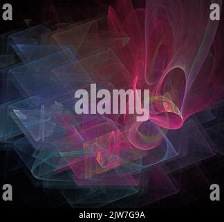 Rote und blaue Fraktalfäden in Parallelepiped angeordnet. Schwarzer Hintergrund Stockfoto