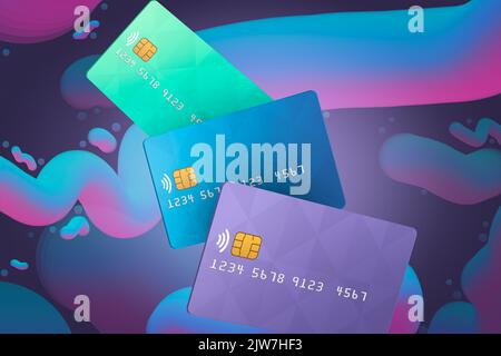 Blaue, violette und hellgrüne Kreditkarten schweben im flüssigen, lustigen und abstrakten Hintergrund. Kreditkarten für Mockup. 3D Rendering. Stockfoto