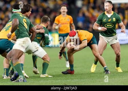 SYDNEY, AUSTRALIEN - 3. SEPTEMBER: Fraser McVeigh aus Australien bereitet sich darauf vor, Willie le Roux aus Südafrika während der Rugby-Meisterschaft zu bekämpfen Stockfoto