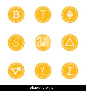Sammlung von Kryptowährungsmünzen, Kryptogeld und Vermögenswerten. Vektorgrafik. Krypto-Währung Zahlung, elektronische Goldmünze, Handel Bergbau-Konzept, Stock Vektor