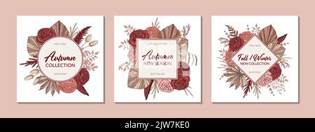 Set mit trendigen Herbstmotiven. Handgezeichnete Vektorgrafik. Kann für Banner, Social Media, Flyer, Poster verwendet werden. Platz für Text Stock Vektor