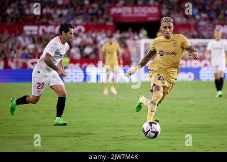 Sevilla, Spanien. 03. September 2022. Raphinha (22) des FC Barcelona beim LaLiga Santander-Spiel zwischen dem FC Sevilla und dem FC Barcelona im Estadio Ramon Sanchez Pizjuan in Sevilla. (Foto: Gonzales Photo/Alamy Live News Stockfoto