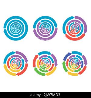 Wirbel Pfeil Whirlpool und Wirbel, Wetter Zyklone eingestellt, Richtung Weg. Vektorgrafik. Wirbelschlaufe, gekrümmtes Clip-Art, farbenfroher kreativer Wirbel, Fäule Stock Vektor