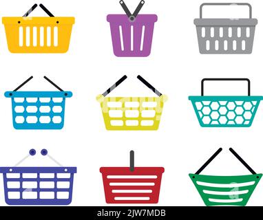 Körbe für Einkaufszentrum, Taschen, Supermarkt und Lebensmittelgeschäft. Vektorgrafik. Supermarkt Warenkorb, Hybermarket Commerce Symbol, Realist Stock Vektor