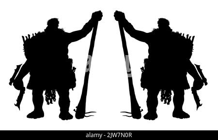 Fantasy Kreatur - orc. Fantasy Monster Silhouette Illustration. Goblin mit Axt Zeichnung. Stockfoto