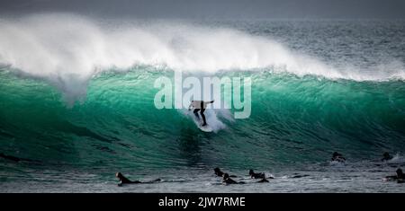 Surfer fingen an, die besten Wellen in Cornwall am Porthleven Reef zu reiten. Wunderschöne türkisfarbene Wellen steigen vom Riff ab. Stockfoto