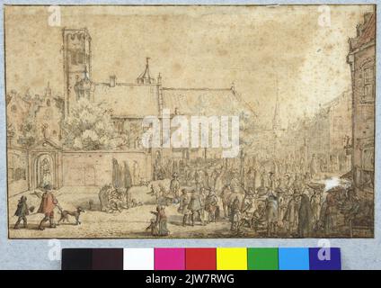 Blick auf die Mariaplaats in Utrecht während eines Markttages von Süden, mit einer Reihe von klaustralen Häusern und dem südwestlichen Turm der Maria-Kirche und rechts im Hintergrund der Kirchturm des St. Cecilia-Klosters. Stockfoto